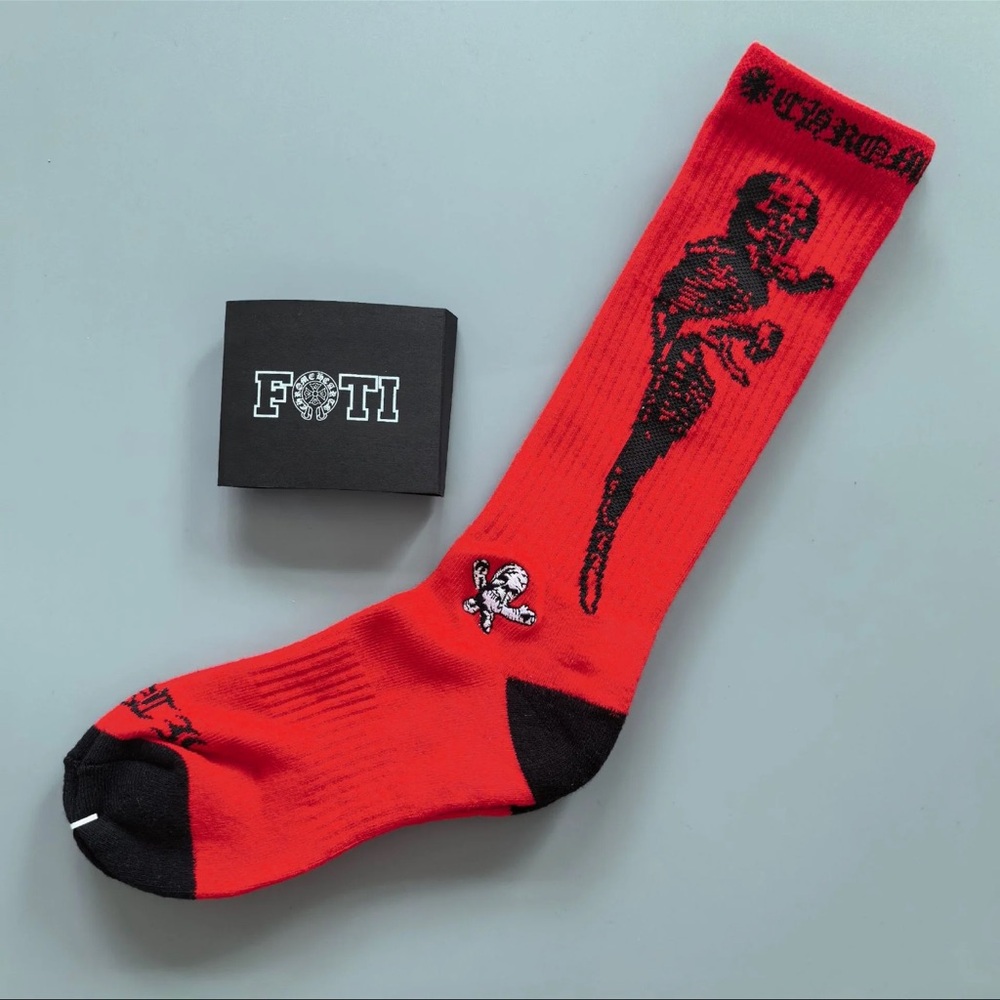 Chrome Hearts FOTI Red Crew Sock with Black Skull Graphic